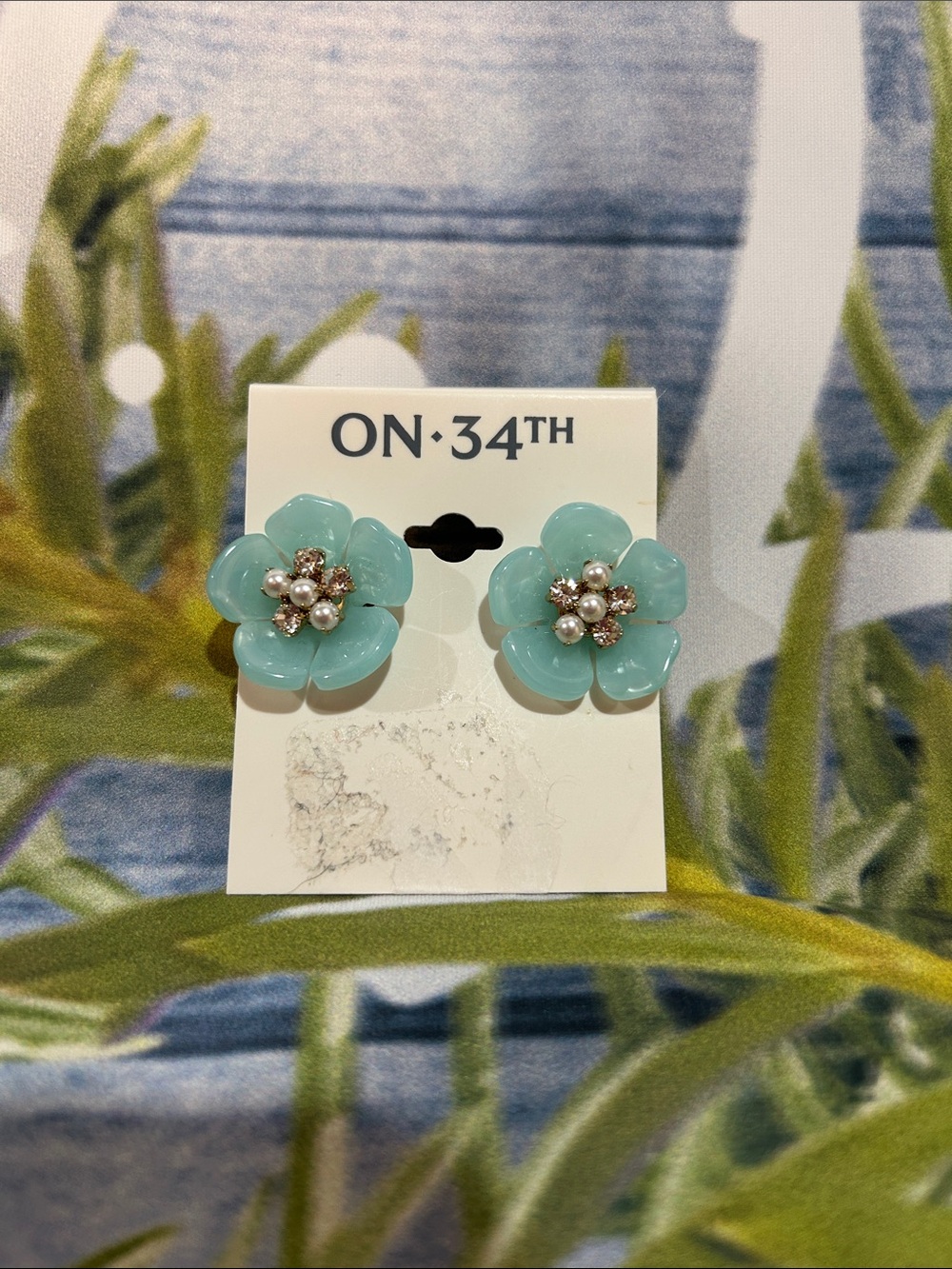ON·34TH Aqua Flower Pearl Cluster Stud Earrings